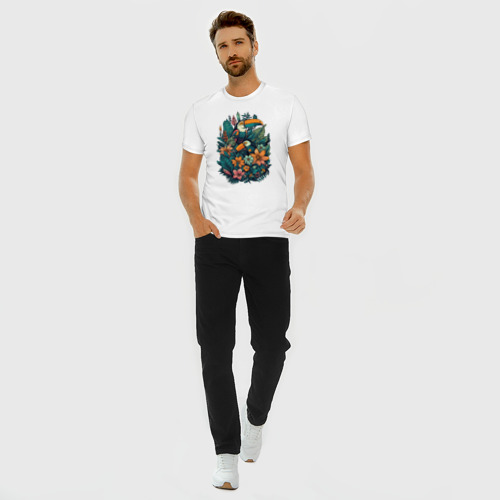 Мужская футболка хлопок Slim с принтом Туканы и тропические цветы: арт нейросети, вид сбоку #3