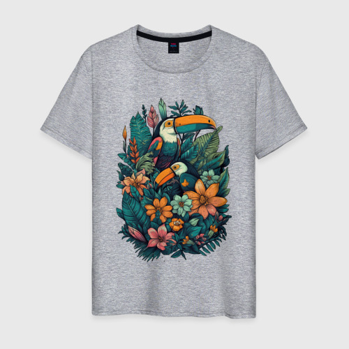Мужская футболка хлопок с принтом Туканы и тропические цветы: арт нейросети, вид спереди #2