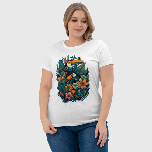 Женская футболка хлопок Туканы и тропические цветы: арт нейросети, цвет белый - фото 6