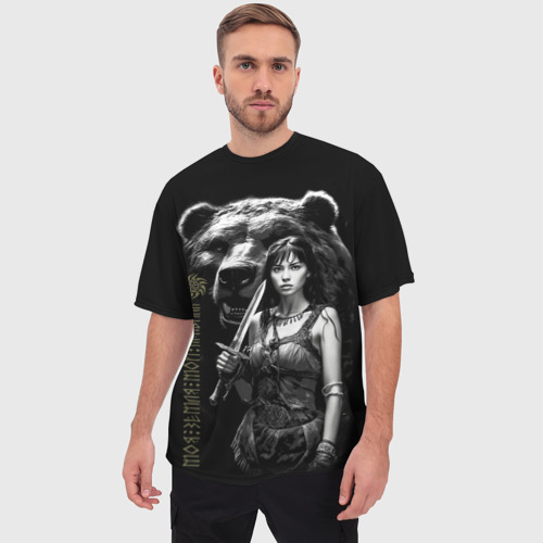 Мужская футболка oversize 3D Медведь и девушка воин, цвет 3D печать - фото 3