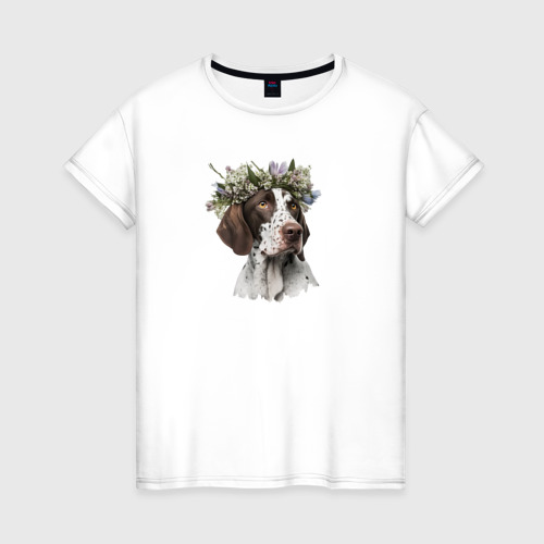 Женская футболка из хлопка с принтом Весна в душе: пойнтер, вид спереди №1