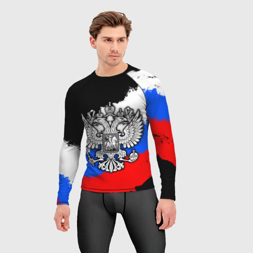 Мужской рашгард 3D с принтом Триколор - герб РФ, фото на моделе #1