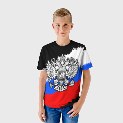 Детская футболка 3D с принтом Триколор - герб РФ, фото на моделе #1