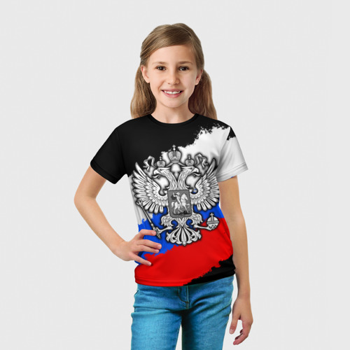 Детская футболка 3D с принтом Триколор - герб РФ, вид сбоку #3