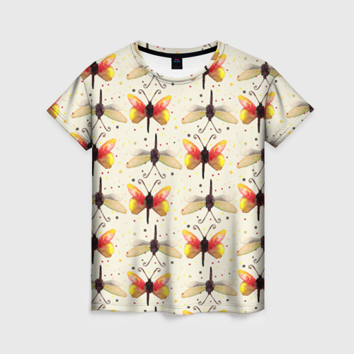 Женская футболка с принтом Стрекозы и бабочки, вид спереди №1