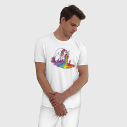Пижама с принтом Единорог и радуга для мужчины, вид на модели спереди №2. Цвет основы: белый