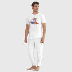 Пижама с принтом Единорог и радуга для мужчины, вид на модели спереди №3. Цвет основы: белый