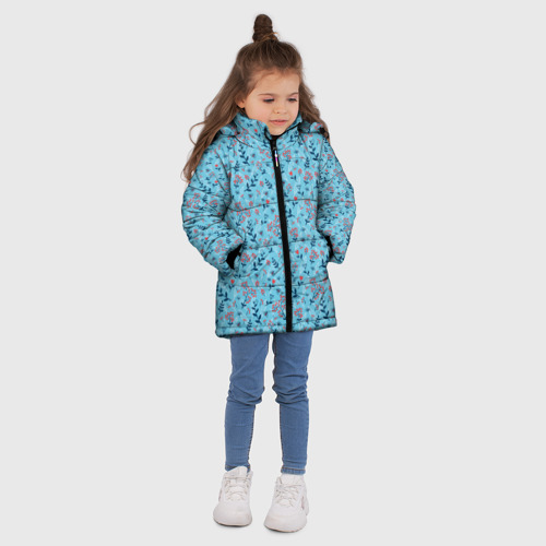 Зимняя куртка для девочек 3D с принтом Листья и ягоды на голубом, паттерн, вид сбоку #3