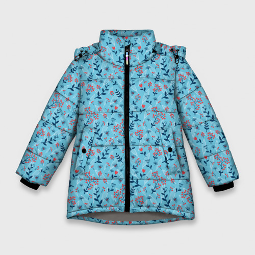 Зимняя куртка для девочек 3D с принтом Листья и ягоды на голубом, паттерн, вид спереди #2