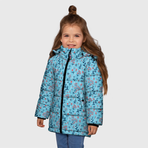 Зимняя куртка для девочек 3D с принтом Листья и ягоды на голубом, паттерн, фото на моделе #1