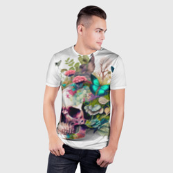 Мужская футболка 3D Slim Красивый череп с листьями и бабочками - фото 2