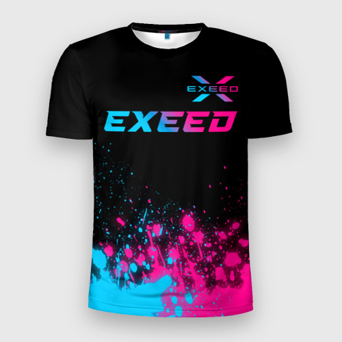 Мужская футболка 3D Slim с принтом Exeed - neon gradient: символ сверху, вид спереди #2
