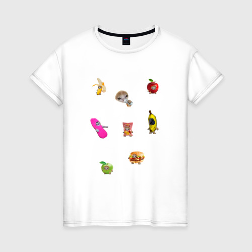Женская футболка из хлопка с принтом Коты в фруктах, вид спереди №1