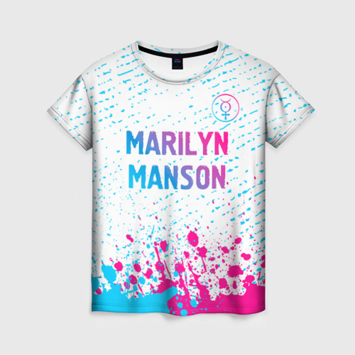 Женская футболка с принтом Marilyn Manson neon gradient style: символ сверху, вид спереди №1