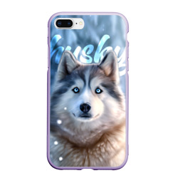 Чехол для iPhone 7Plus/8 Plus матовый Хаски с голубыми глазами в зимнем лесу