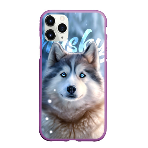 Чехол для iPhone 11 Pro Max матовый с принтом Хаски с голубыми глазами в зимнем лесу, вид спереди #2