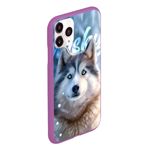 Чехол для iPhone 11 Pro Max матовый с принтом Хаски с голубыми глазами в зимнем лесу, вид сбоку #3