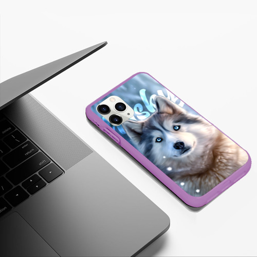 Чехол для iPhone 11 Pro Max матовый с принтом Хаски с голубыми глазами в зимнем лесу, фото #5