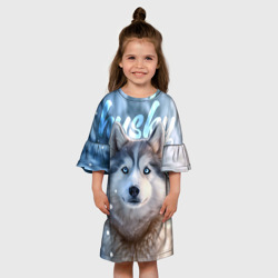 Детское платье 3D Хаски с голубыми глазами в зимнем лесу - фото 2