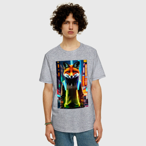 Мужская футболка хлопок Oversize с принтом Модная лисичка в ночном городе, фото на моделе #1