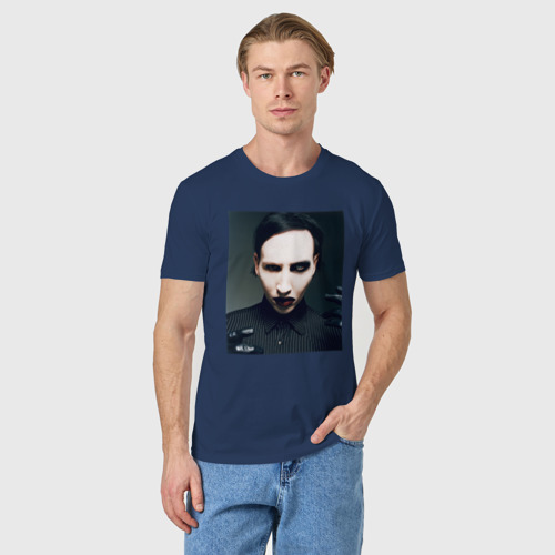 Мужская футболка хлопок Marilyn Manson фотопортрет, цвет темно-синий - фото 3