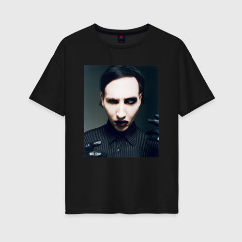 Женская футболка хлопок Oversize Marilyn Manson фотопортрет, цвет черный