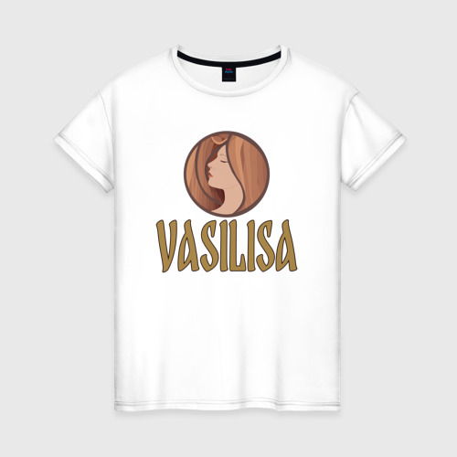 Женская футболка из хлопка с принтом Василиса - надпись и портрет женщины, вид спереди №1