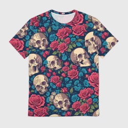 Мужская футболка 3D Черепа и красные розы