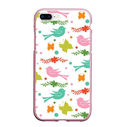Чехол для iPhone 7Plus/8 Plus матовый Бабочки и птички, цвет розовый
