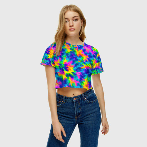 Женская футболка Crop-top 3D Тай-дай цветные краски, цвет 3D печать - фото 3