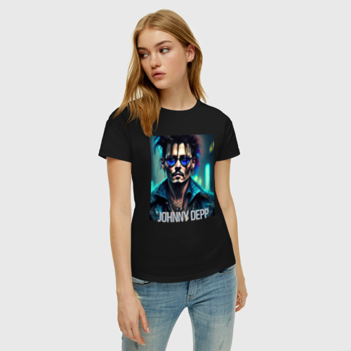 Женская футболка хлопок Джонни Депп в стиле Киберпанк - нейросеть, цвет черный - фото 3