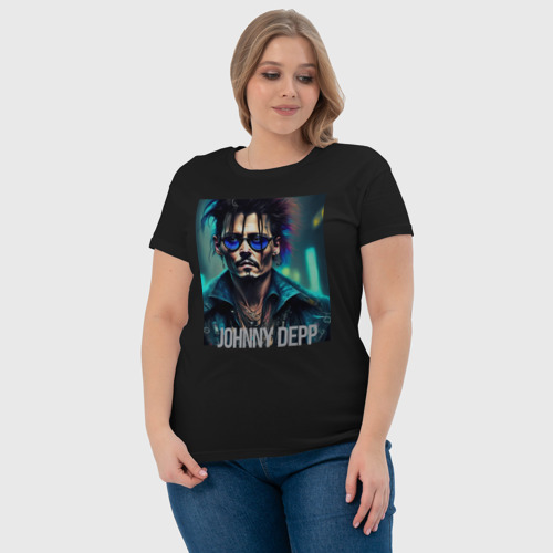 Женская футболка хлопок Джонни Депп в стиле Киберпанк - нейросеть, цвет черный - фото 6