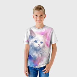 Детская футболка 3D Белая кошечка акварель - фото 2