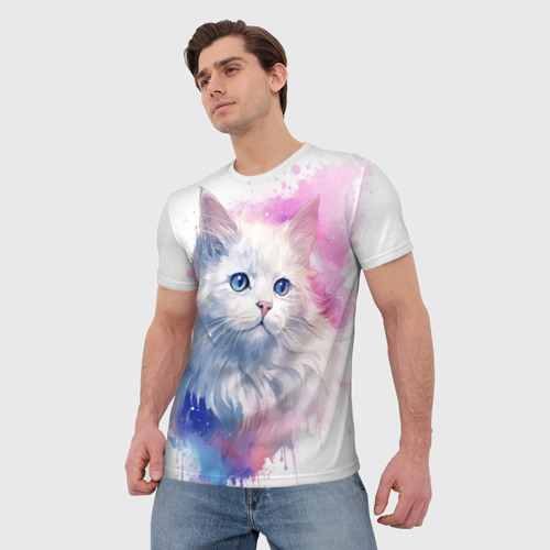 Мужская футболка 3D Белая кошечка акварель, цвет 3D печать - фото 3