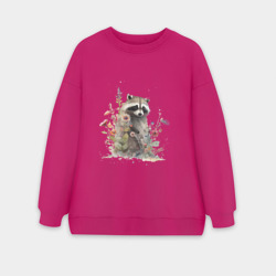 Женский свитшот oversize без начеса хлопок Акварельный милый енот