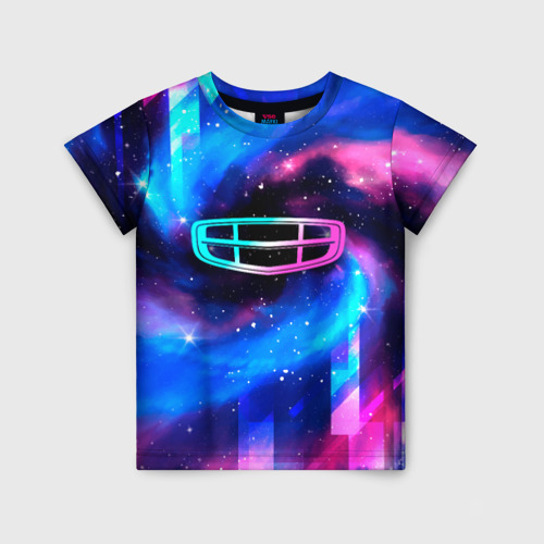 Детская футболка 3D с принтом Geely неоновый космос, вид спереди #2