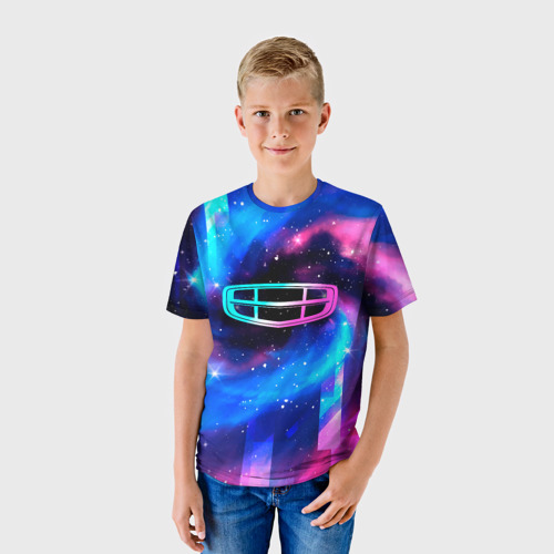 Детская футболка 3D с принтом Geely неоновый космос, фото на моделе #1
