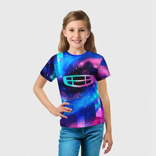 Детская футболка 3D с принтом Geely неоновый космос, вид сбоку #3