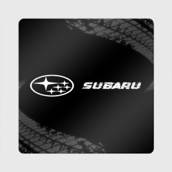 Магнит виниловый Квадрат Subaru Speed на темном фоне со следами шин: надпись и символ