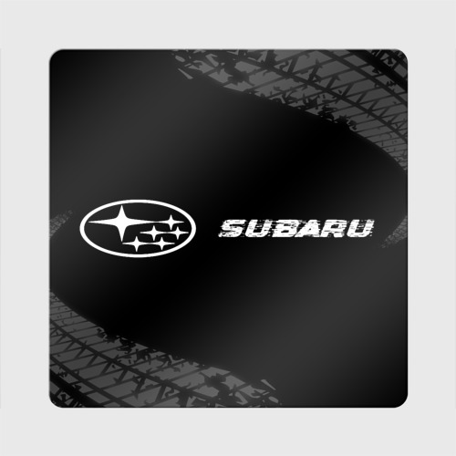 Магнит виниловый Квадрат Subaru Speed на темном фоне со следами шин: надпись и символ