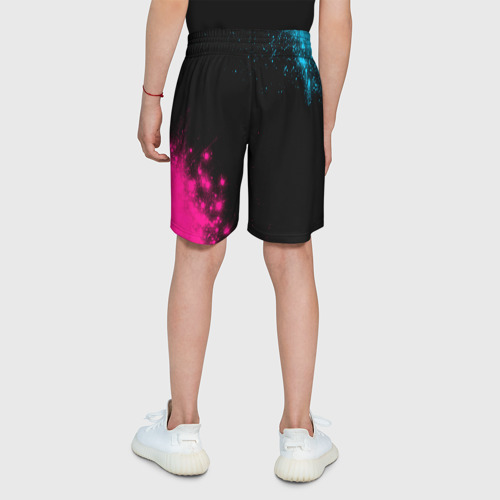 Детские спортивные шорты 3D с принтом Doom - neon gradient: надпись, символ, вид сзади #2