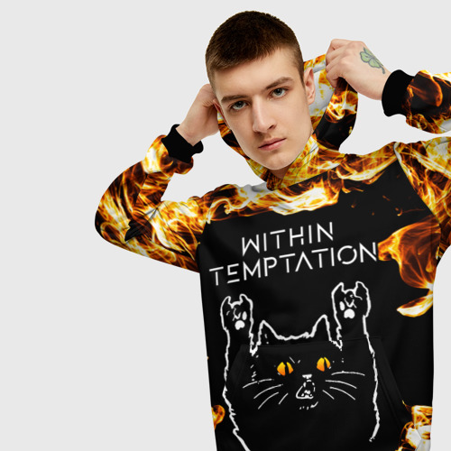 Мужская толстовка 3D Within Temptation рок кот и огонь, цвет черный - фото 5