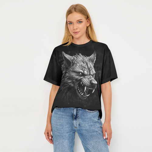 Женская футболка oversize 3D Волк - grunge style, цвет 3D печать - фото 5