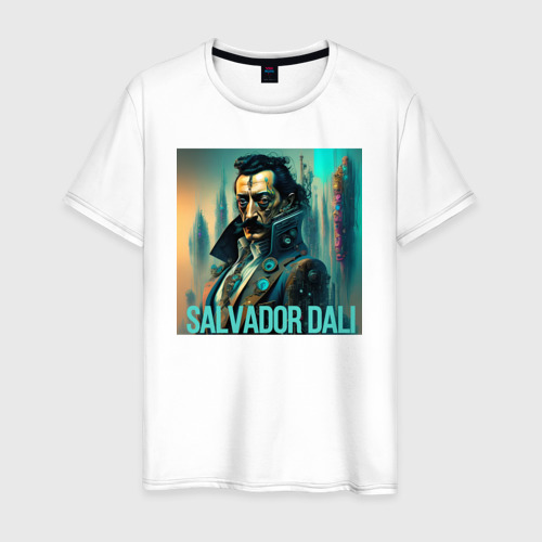 Мужская футболка из хлопка с принтом Сальвадор Дали в стиле Киберпанк - нейросеть, вид спереди №1