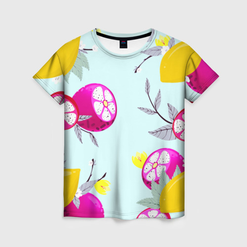 Женская футболка 3D с принтом Желтые и розовые фрукты с листиками, вид спереди #2