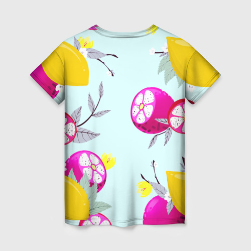 Женская футболка 3D с принтом Желтые и розовые фрукты с листиками, вид сзади #1