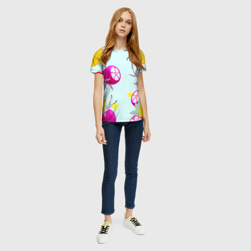 Женская футболка 3D с принтом Желтые и розовые фрукты с листиками, вид сбоку #3