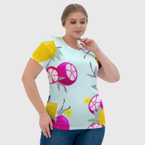 Женская футболка 3D с принтом Желтые и розовые фрукты с листиками, фото #4