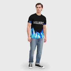 Футболка с принтом The Killers blue fire для женщины, вид на модели спереди №3. Цвет основы: белый