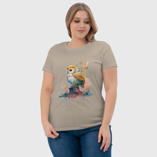 Женская футболка хлопок Акварельная милая сова, цвет миндальный - фото 6